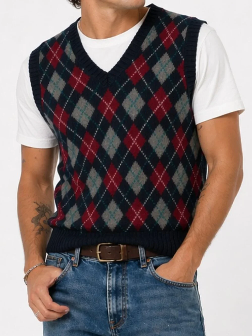 Vintage 80s PARFOUR Navy Blue Argyle Wool Indie Sweater Vest Large